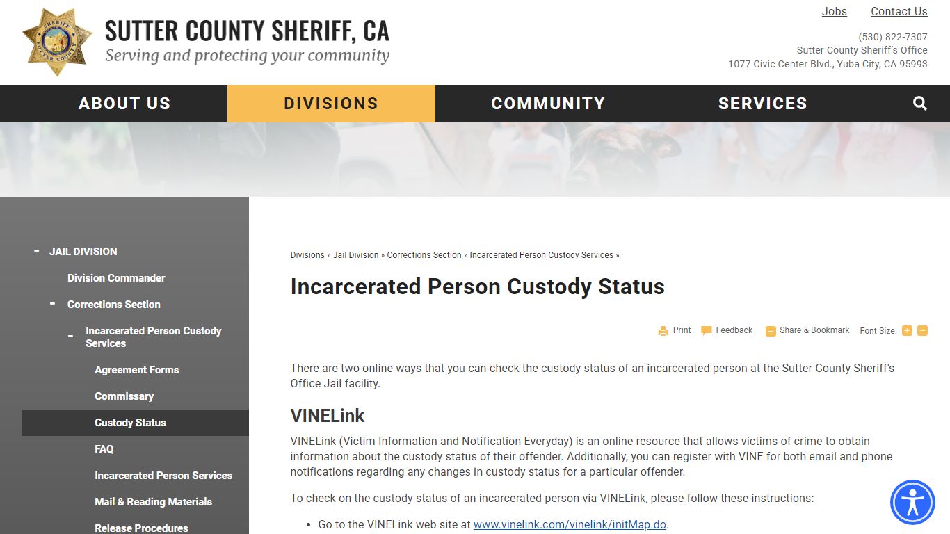 Incarcerated Person Custody Status | Sutter County Sheriff, CA